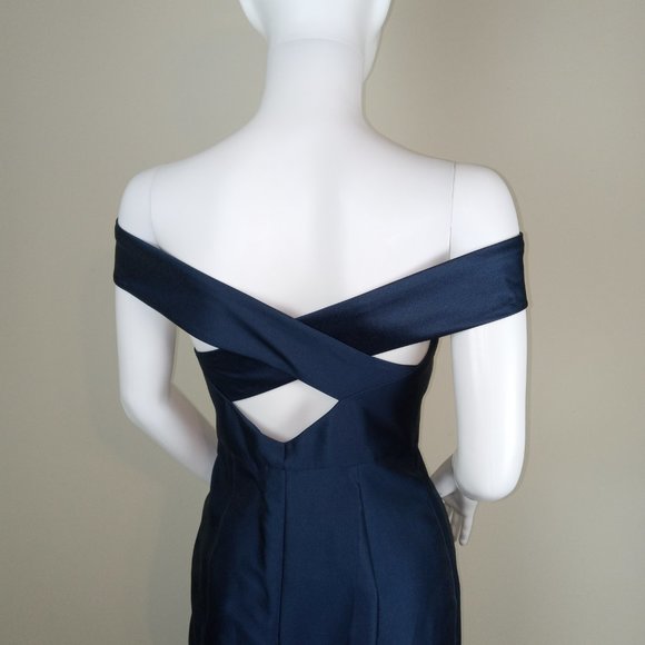Alfred Sung Off The Shoulder Dress Women's Size 0 Midnight Blue Satin Maxi D751 - Picture 7 of 9